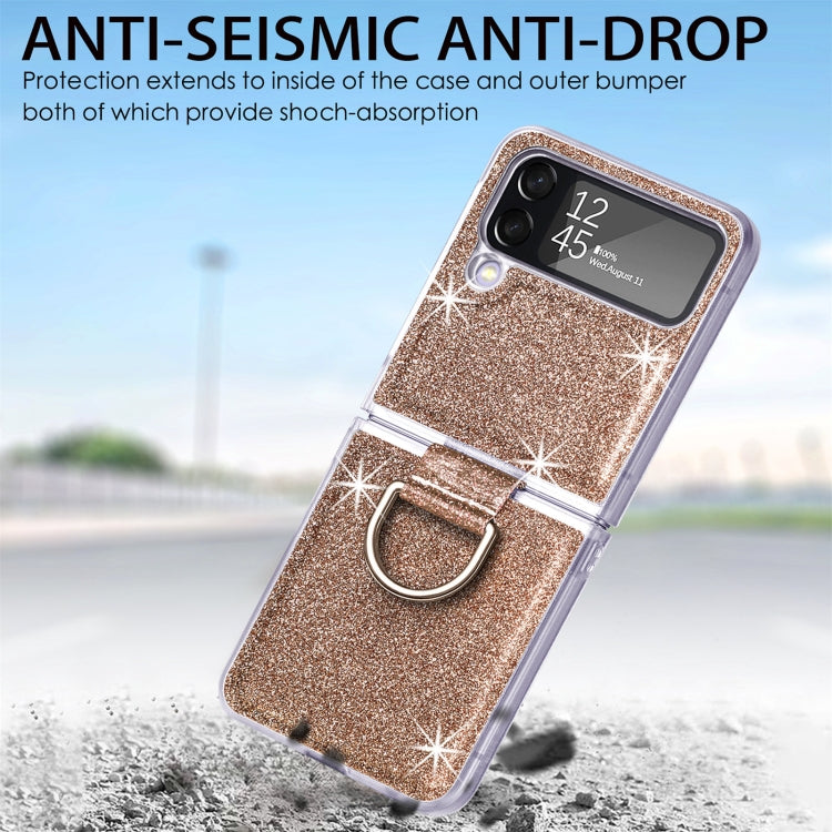 For Samsung Galaxy Z Flip4 Glitter Leather Skin PC Phone Case with Ring
