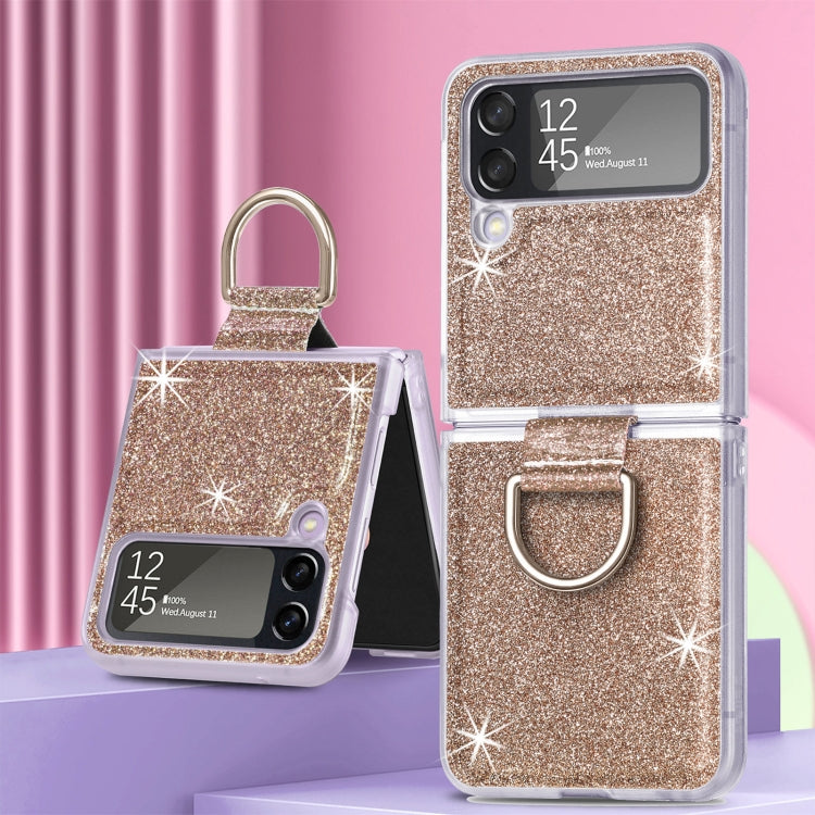 For Samsung Galaxy Z Flip4 Glitter Leather Skin PC Phone Case with Ring
