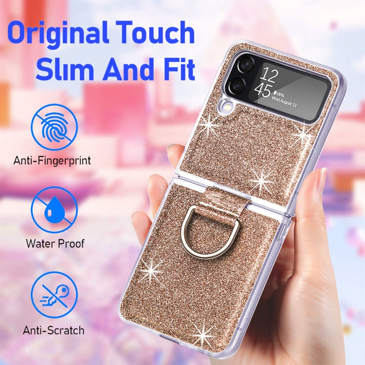 For Samsung Galaxy Z Flip4 Glitter Leather Skin PC Phone Case with Ring