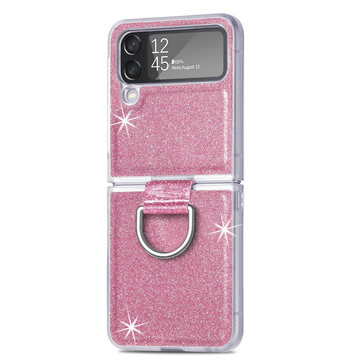For Samsung Galaxy Z Flip4 Glitter Leather Skin PC Phone Case with Ring