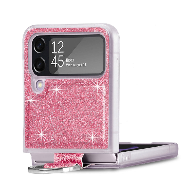 For Samsung Galaxy Z Flip4 Glitter Leather Skin PC Phone Case with Ring