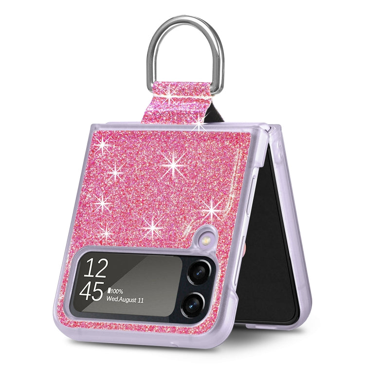For Samsung Galaxy Z Flip4 Glitter Leather Skin PC Phone Case with Ring