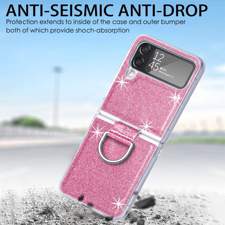 For Samsung Galaxy Z Flip4 Glitter Leather Skin PC Phone Case with Ring