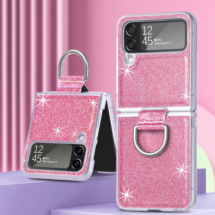 For Samsung Galaxy Z Flip4 Glitter Leather Skin PC Phone Case with Ring