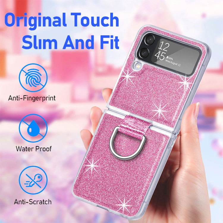 For Samsung Galaxy Z Flip4 Glitter Leather Skin PC Phone Case with Ring