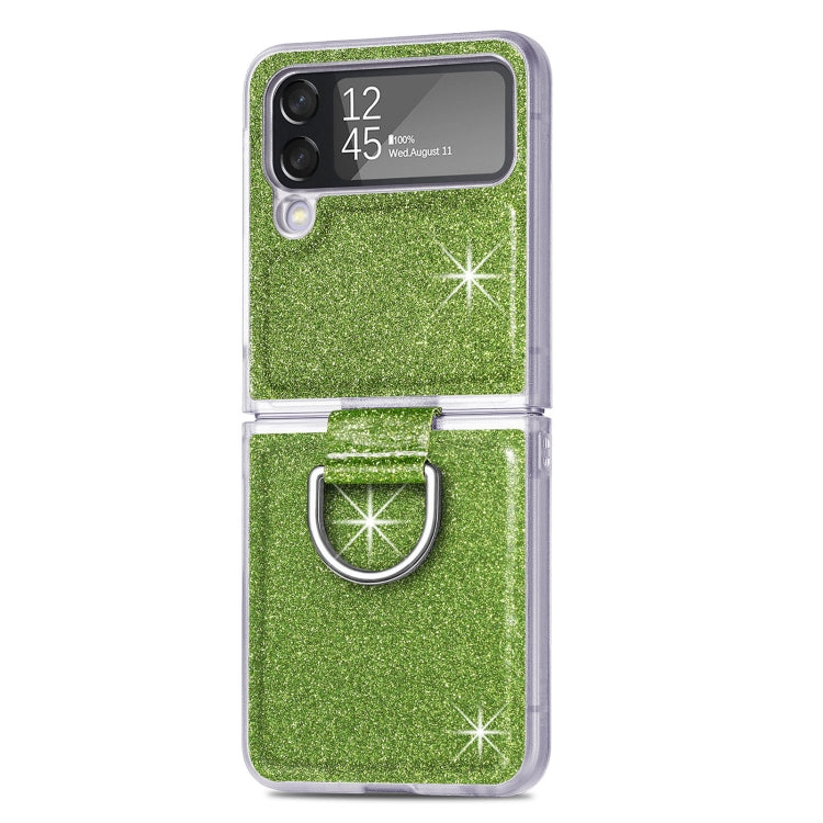 For Samsung Galaxy Z Flip4 Glitter Leather Skin PC Phone Case with Ring