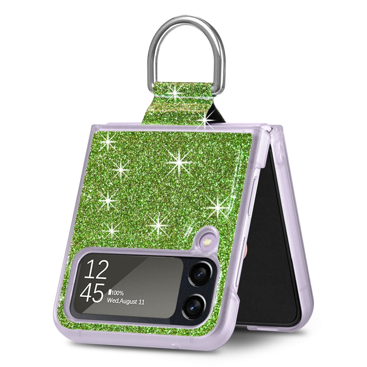 For Samsung Galaxy Z Flip4 Glitter Leather Skin PC Phone Case with Ring