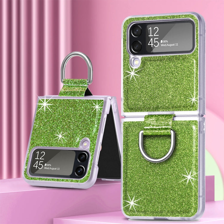 For Samsung Galaxy Z Flip4 Glitter Leather Skin PC Phone Case with Ring