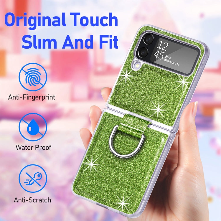 For Samsung Galaxy Z Flip4 Glitter Leather Skin PC Phone Case with Ring