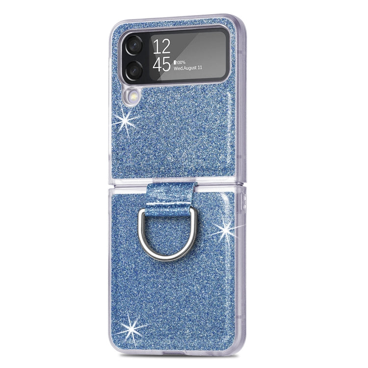 For Samsung Galaxy Z Flip4 Glitter Leather Skin PC Phone Case with Ring