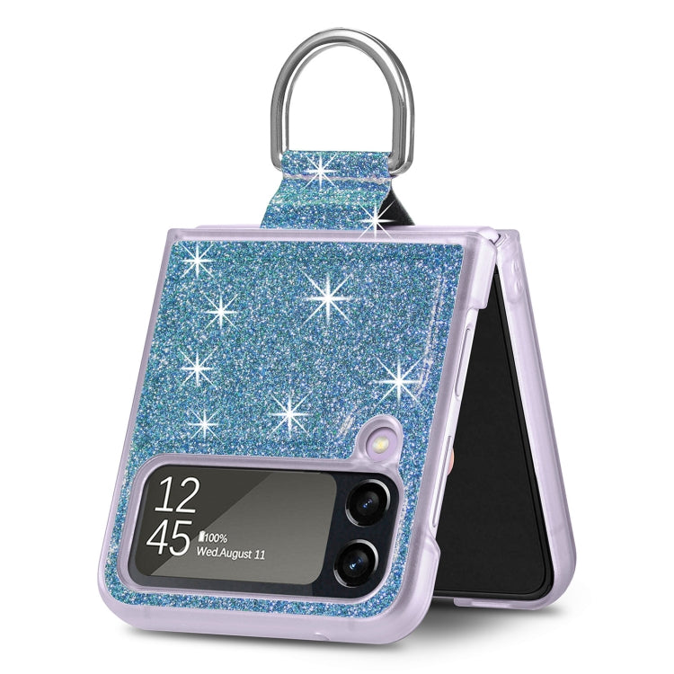 For Samsung Galaxy Z Flip4 Glitter Leather Skin PC Phone Case with Ring