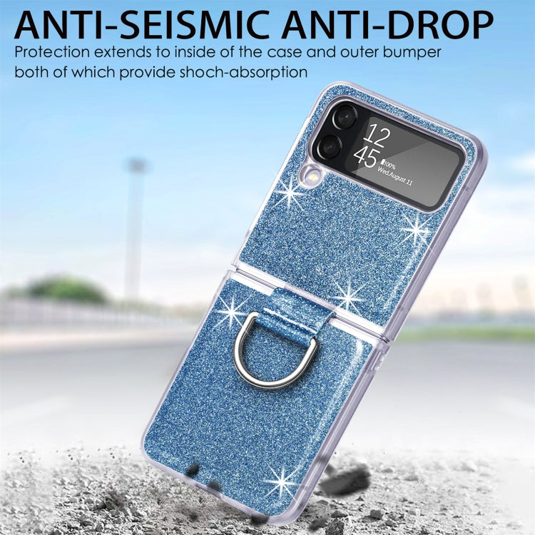 For Samsung Galaxy Z Flip4 Glitter Leather Skin PC Phone Case with Ring