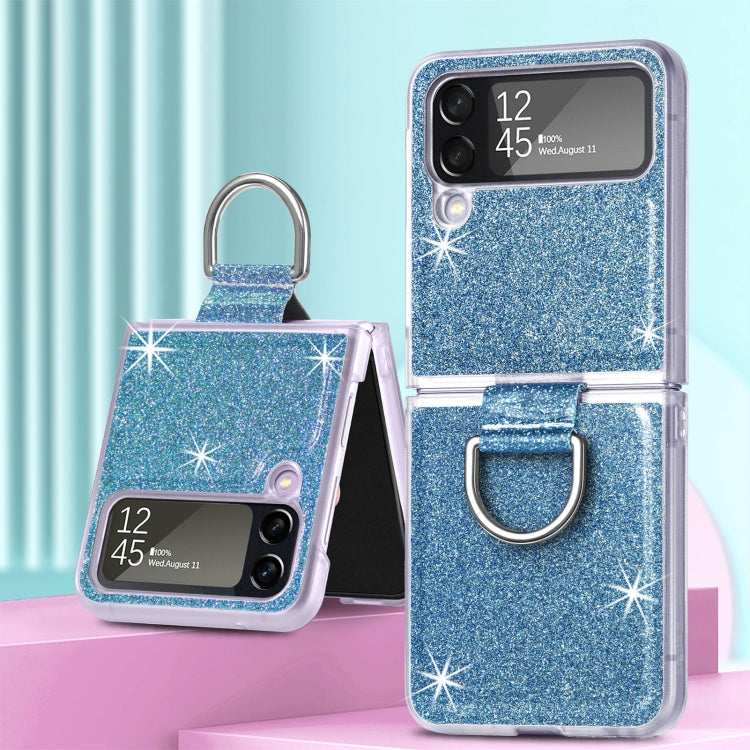 For Samsung Galaxy Z Flip4 Glitter Leather Skin PC Phone Case with Ring
