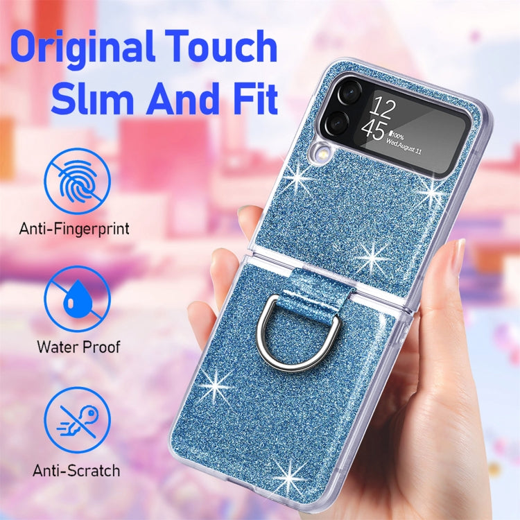For Samsung Galaxy Z Flip4 Glitter Leather Skin PC Phone Case with Ring