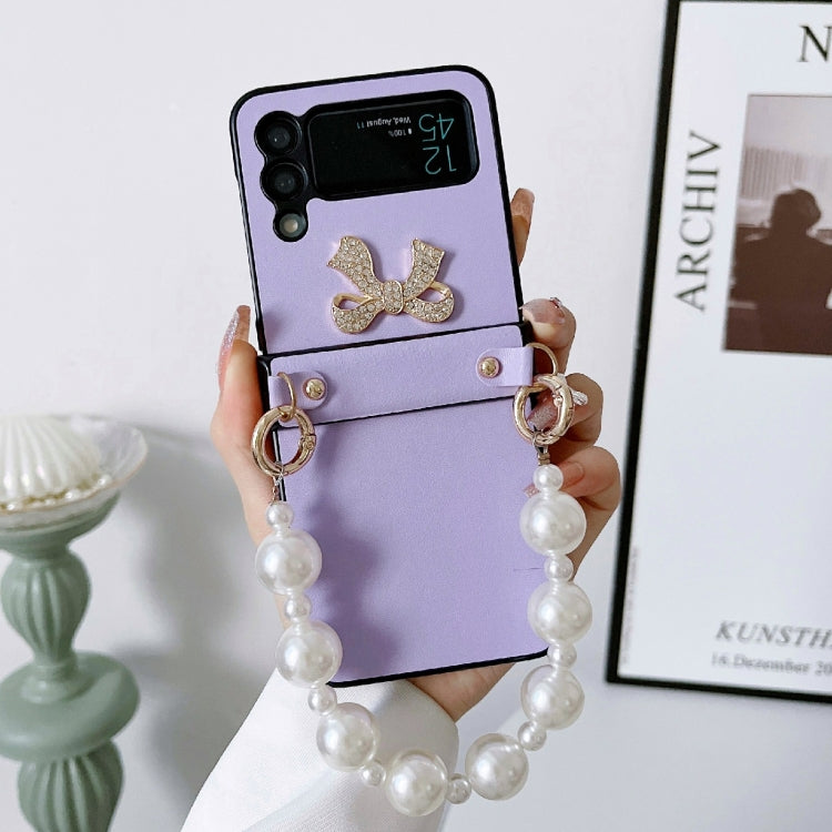 For Samsung Galaxy Z Flip3 5G Pure Color TPU Phone Case with Hinged & Pearl Bracelet