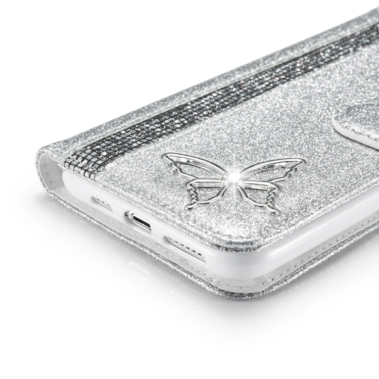 For iPhone 11 Pro Glitter Powder Butterfly Leather Phone Case