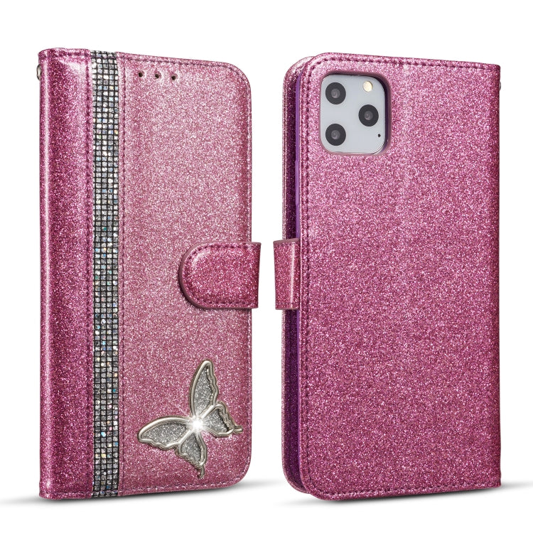 For iPhone 11 Pro Max Glitter Powder Butterfly Leather Phone Case
