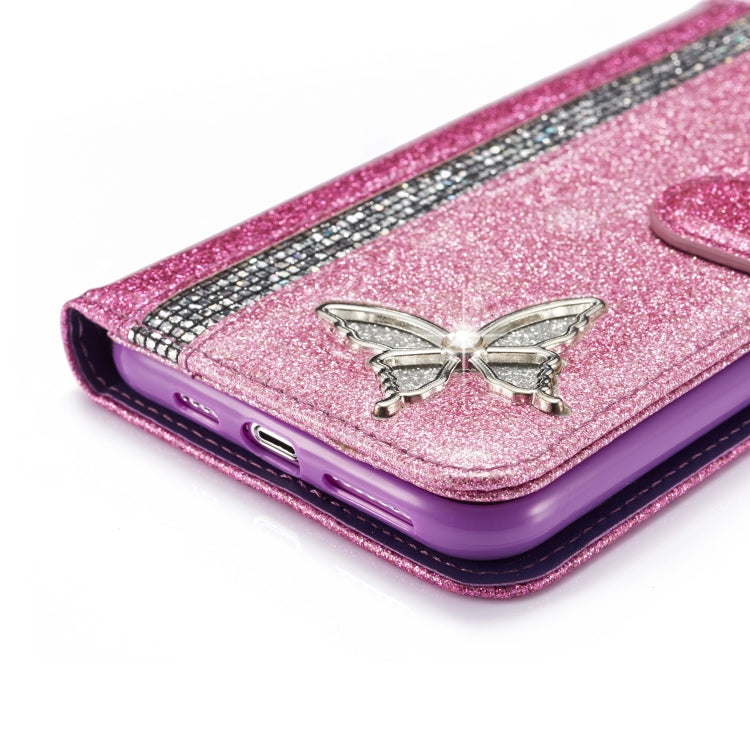 For iPhone 11 Pro Max Glitter Powder Butterfly Leather Phone Case