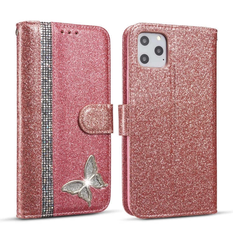 For iPhone 11 Pro Max Glitter Powder Butterfly Leather Phone Case