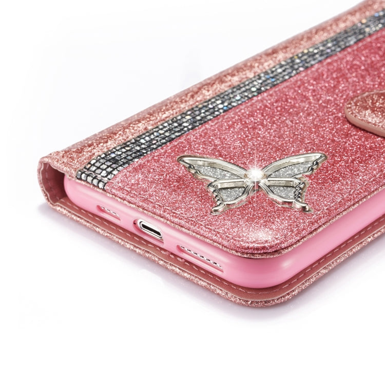 For iPhone 11 Pro Max Glitter Powder Butterfly Leather Phone Case