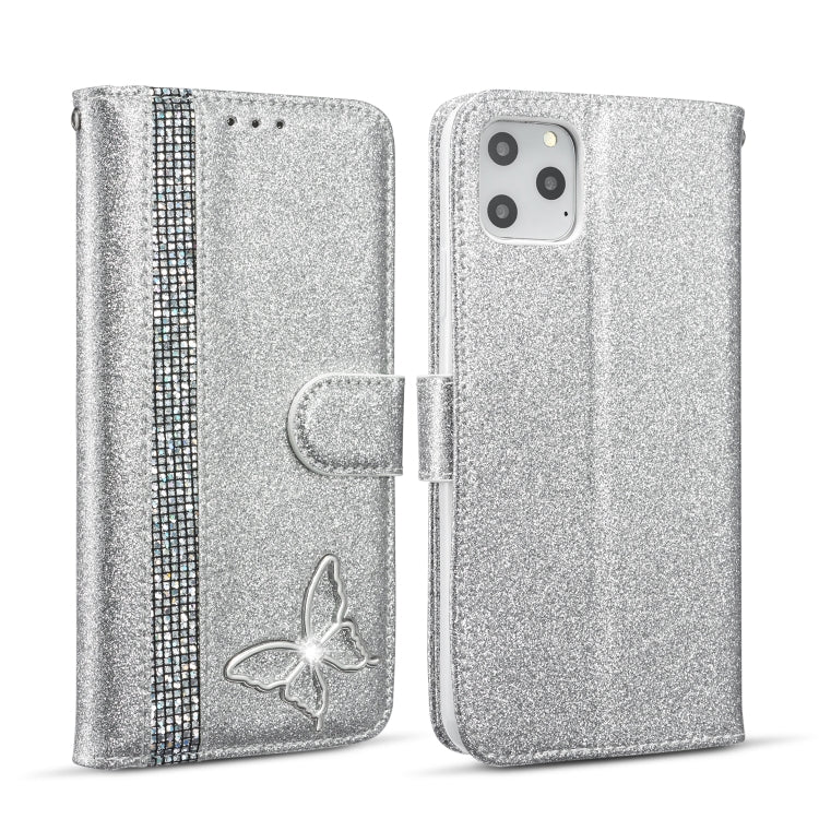 For iPhone 11 Pro Max Glitter Powder Butterfly Leather Phone Case