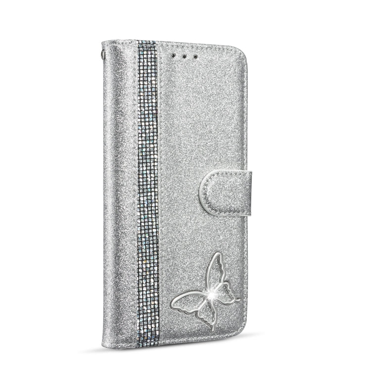For iPhone 11 Pro Max Glitter Powder Butterfly Leather Phone Case