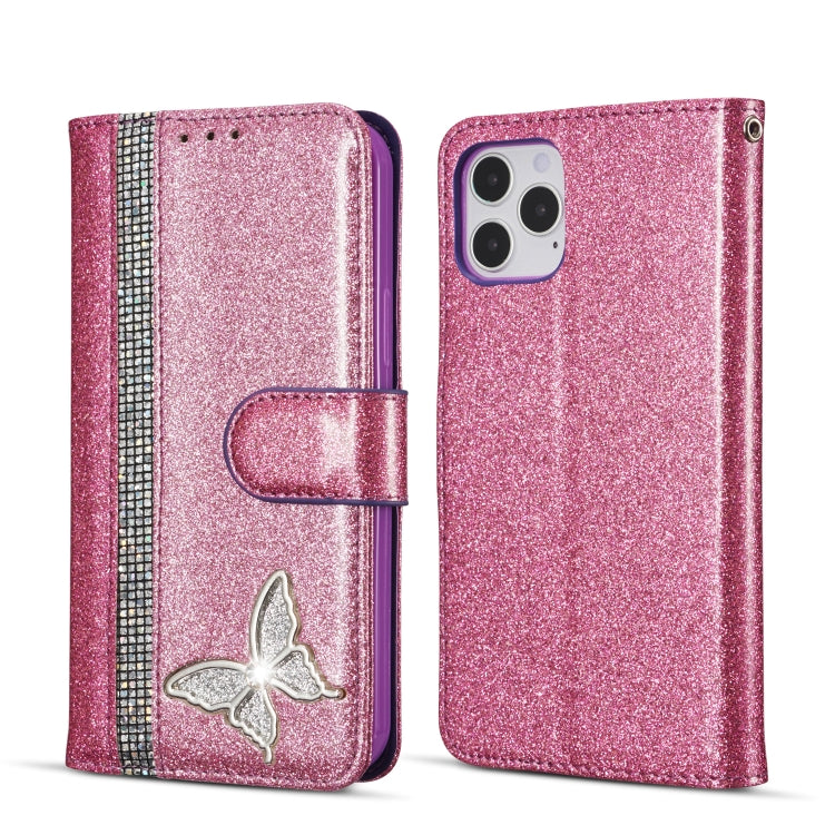 For iPhone 12 Pro Glitter Powder Butterfly Leather Phone Case