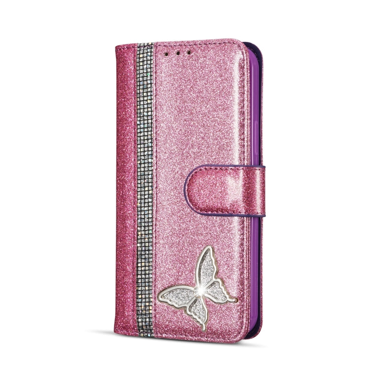 For iPhone 12 Pro Glitter Powder Butterfly Leather Phone Case