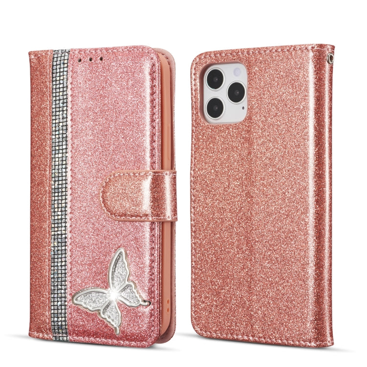 For iPhone 12 Pro Glitter Powder Butterfly Leather Phone Case