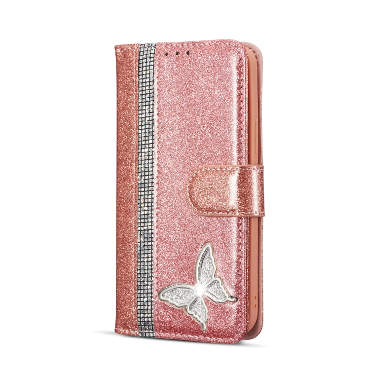 For iPhone 12 Pro Glitter Powder Butterfly Leather Phone Case