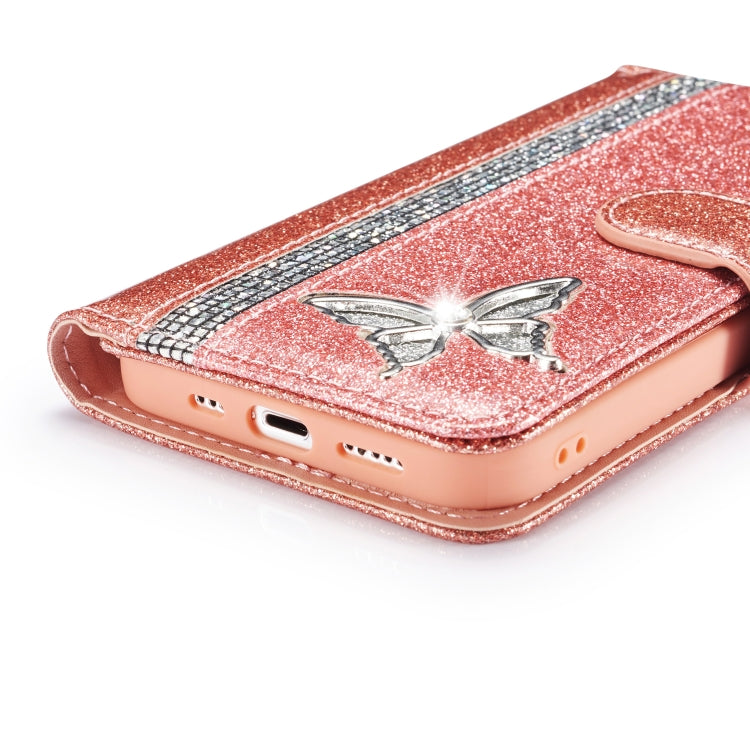For iPhone 12 Pro Glitter Powder Butterfly Leather Phone Case