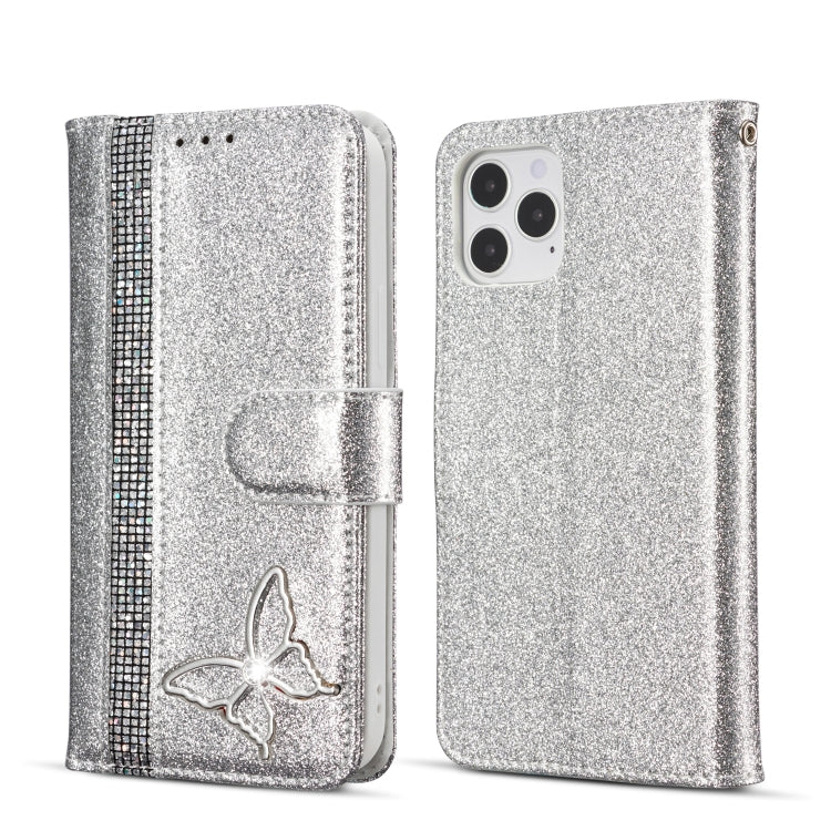 For iPhone 12 Pro Glitter Powder Butterfly Leather Phone Case