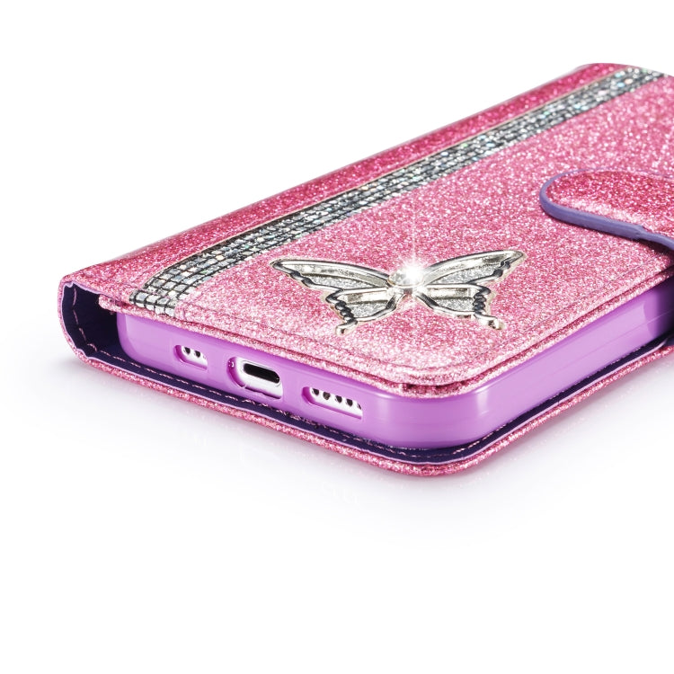 For iPhone 12 Pro Max Glitter Powder Butterfly Leather Phone Case