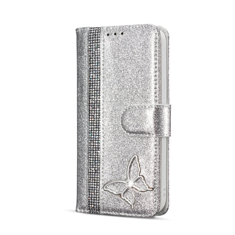 For iPhone 12 Pro Max Glitter Powder Butterfly Leather Phone Case