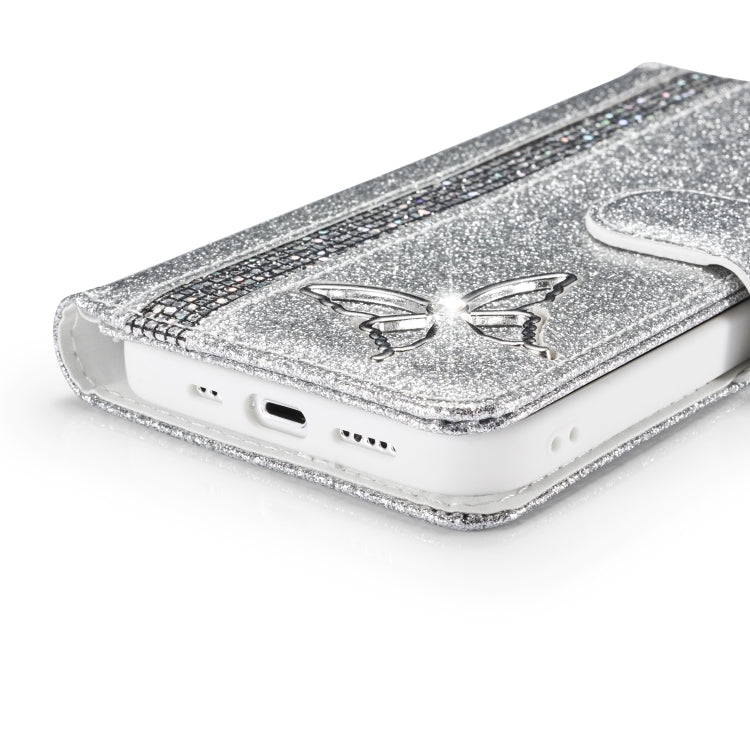 For iPhone 12 Pro Max Glitter Powder Butterfly Leather Phone Case