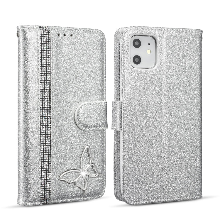 For iPhone 11 Glitter Powder Butterfly Leather Phone Case
