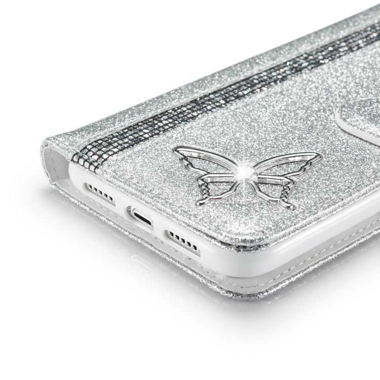 For iPhone 11 Glitter Powder Butterfly Leather Phone Case