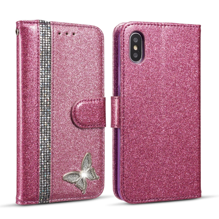 For iPhone X Glitter Powder Butterfly Leather Phone Case
