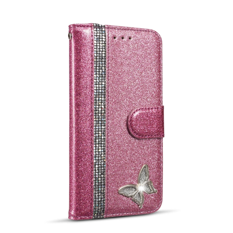 For iPhone X Glitter Powder Butterfly Leather Phone Case