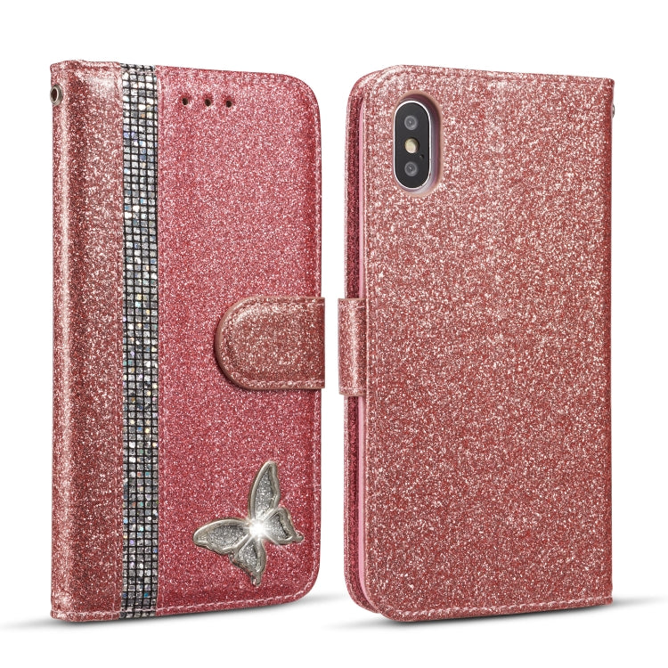 For iPhone X Glitter Powder Butterfly Leather Phone Case