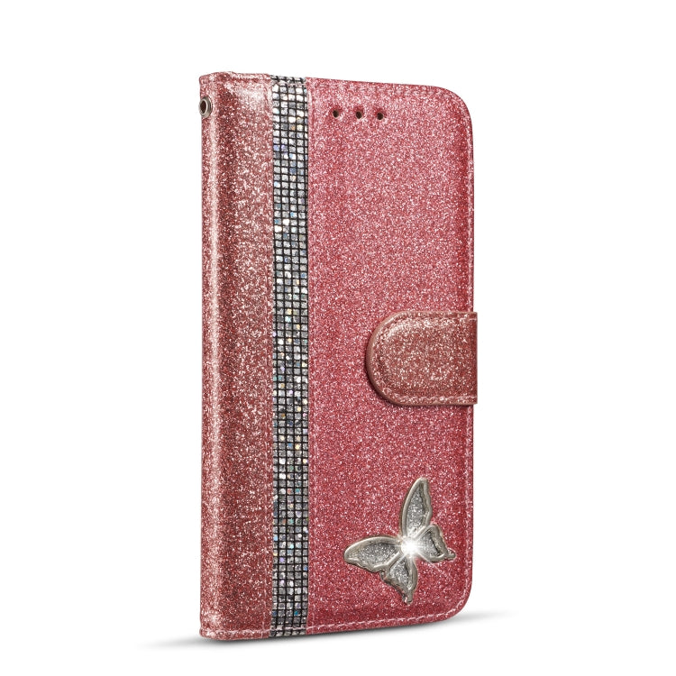 For iPhone X Glitter Powder Butterfly Leather Phone Case