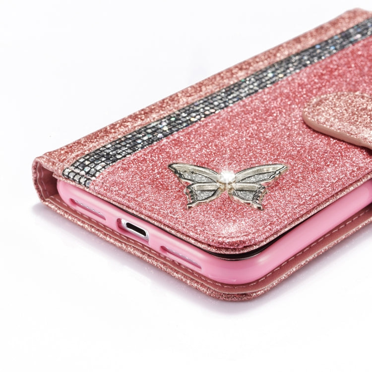 For iPhone X Glitter Powder Butterfly Leather Phone Case