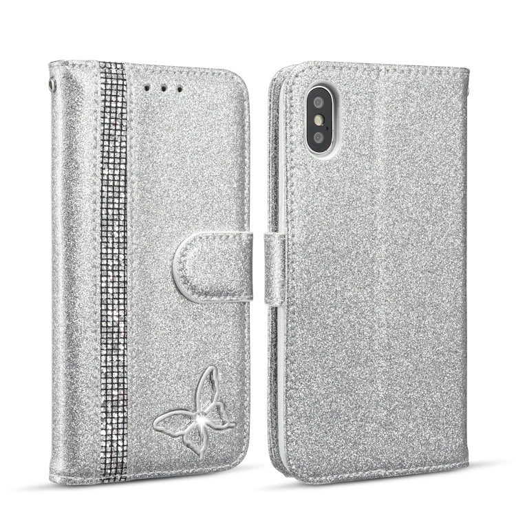 For iPhone X Glitter Powder Butterfly Leather Phone Case
