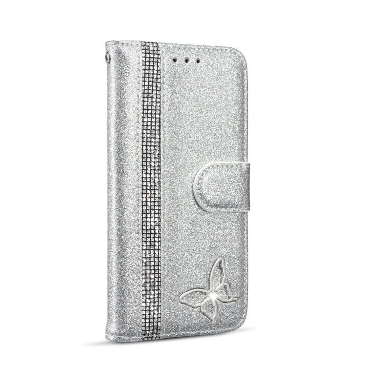 For iPhone X Glitter Powder Butterfly Leather Phone Case