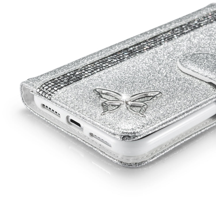 For iPhone X Glitter Powder Butterfly Leather Phone Case