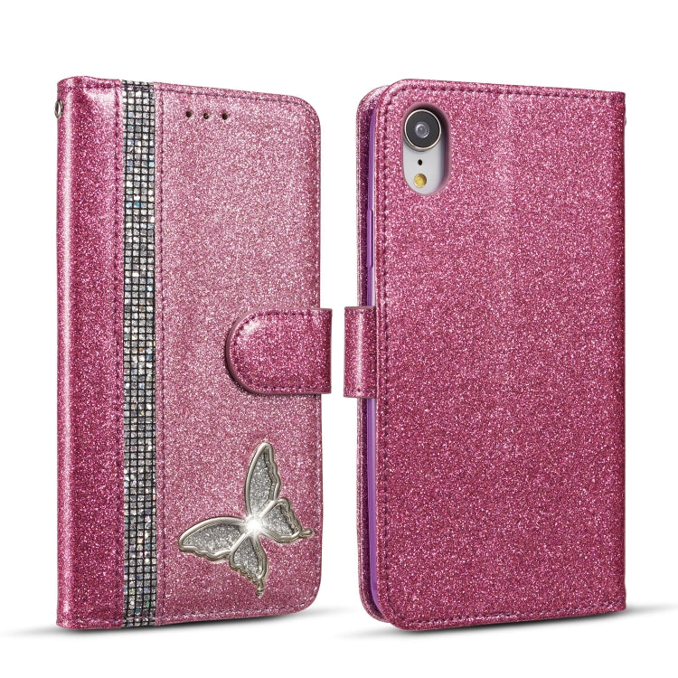 For iPhone XR Glitter Powder Butterfly Leather Phone Case