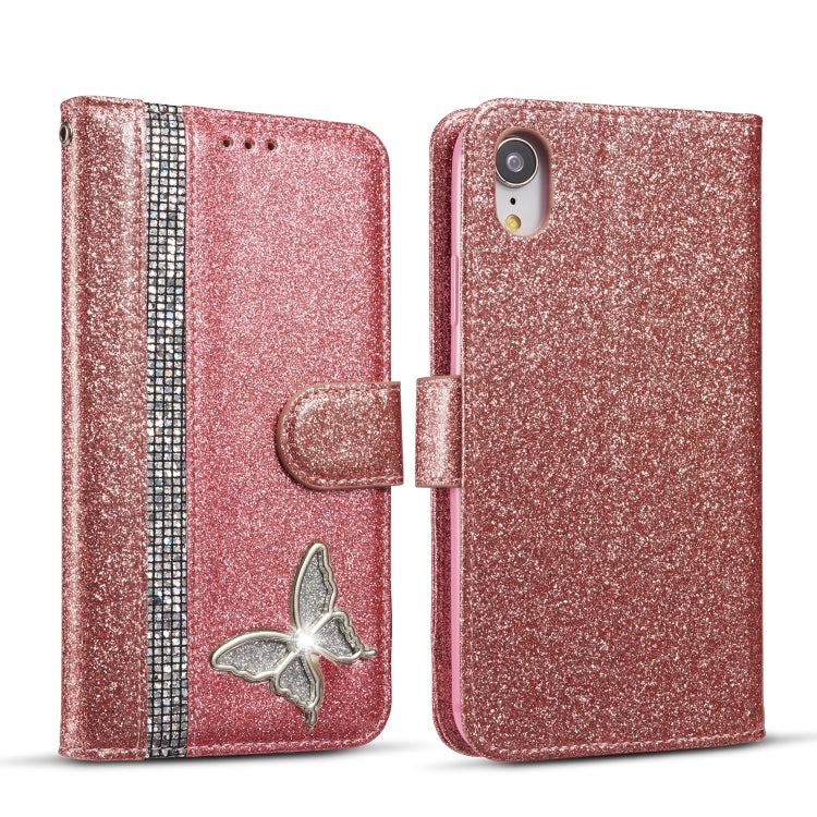 For iPhone XR Glitter Powder Butterfly Leather Phone Case