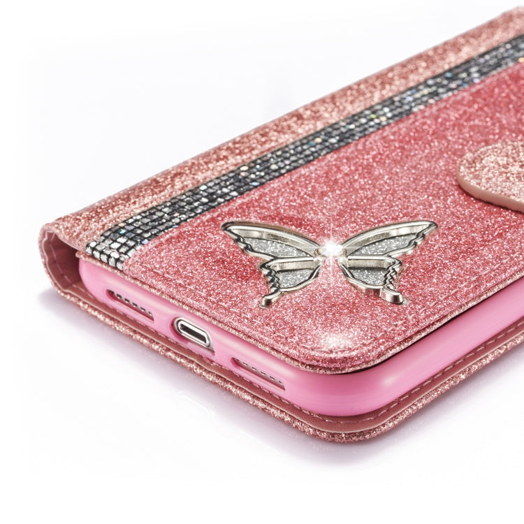 For iPhone XR Glitter Powder Butterfly Leather Phone Case