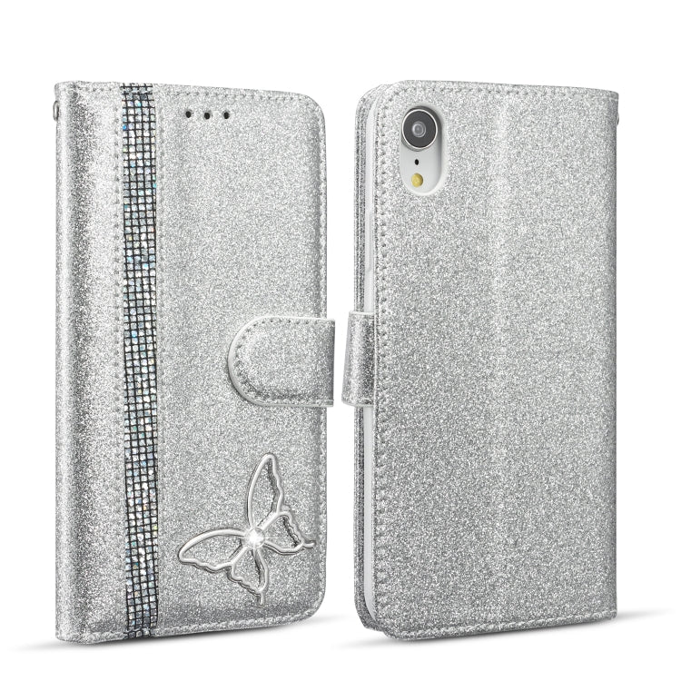 For iPhone XR Glitter Powder Butterfly Leather Phone Case