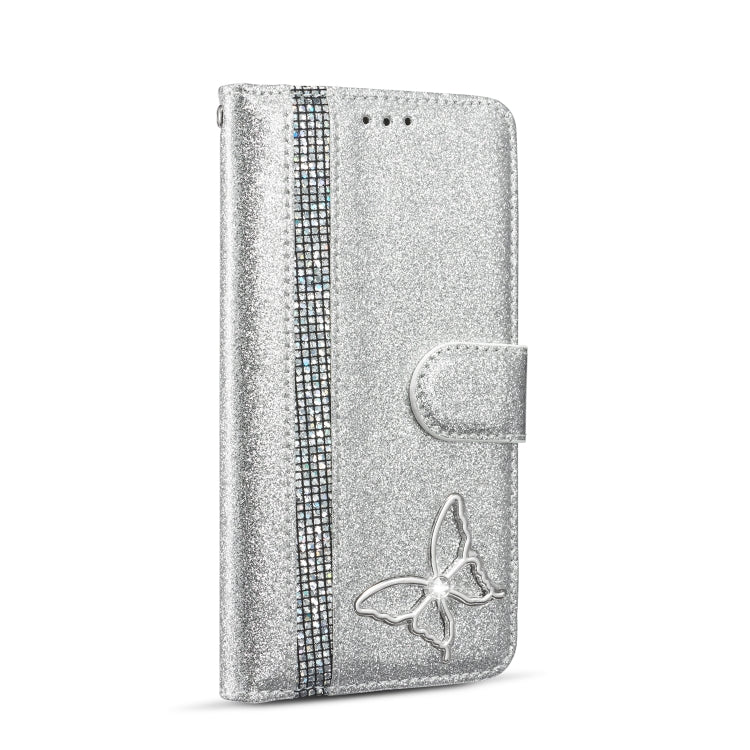 For iPhone XR Glitter Powder Butterfly Leather Phone Case